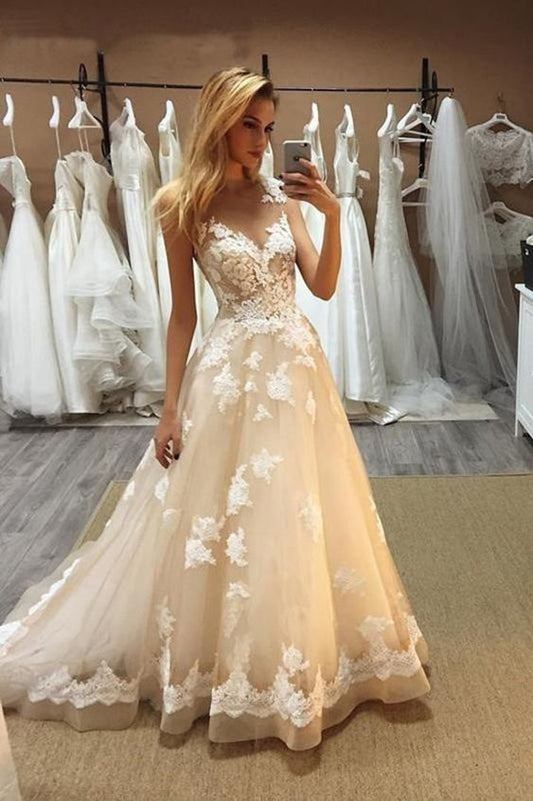 Elegant V Neck Sleeveless Tulle Lace Prom Gown with Appliques   cg13669