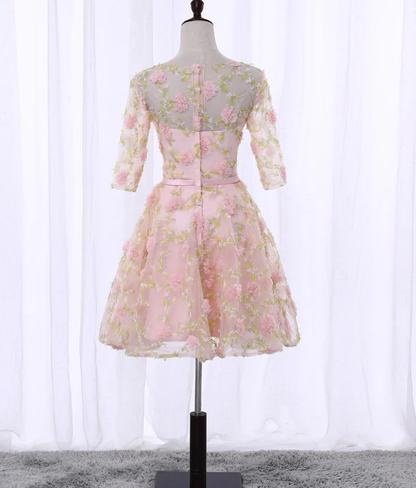 Cute Flowers Short Tulle Pink Party Dress, 3D Flowers Short Homecoming Dress   cg13702