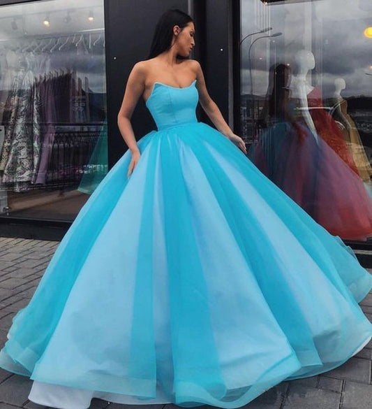 Pretty Blue Tulle Strapless Floor Length Lace Up Sweet 16 Prom Dress, Ball Gown    cg13719