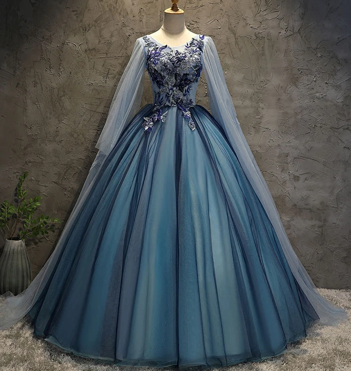 Blue Tulle Ball Gown Long Sweet 16 Dress With Lace Applique, Prom Dress   cg13785