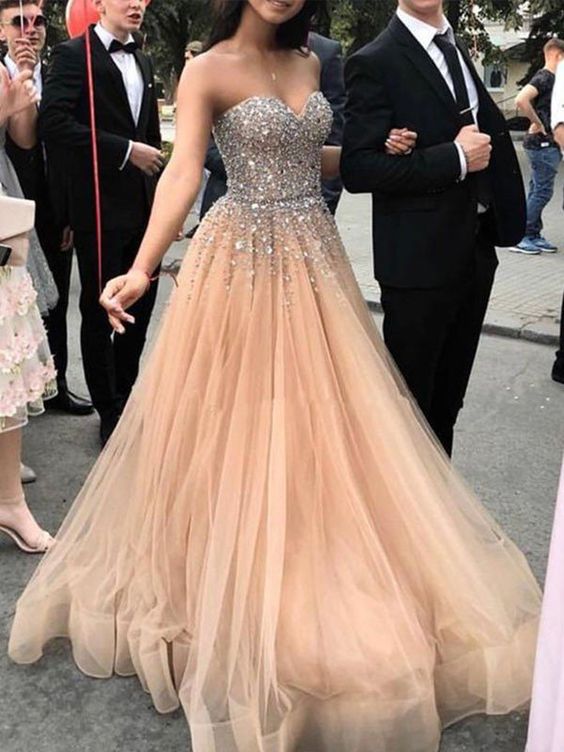 Charming Prom Dress A-Line/Princess Sweetheart Sleeveless Sweep/Brush Train Beading Tulle Dresses  cg13861