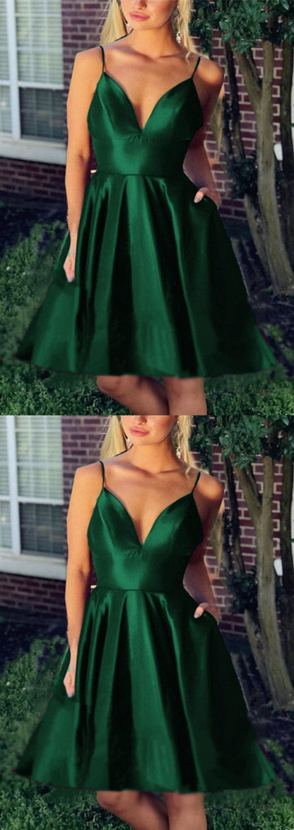 A-line V-neck Satin Short Homecoming Dresses Wine Red cg1389