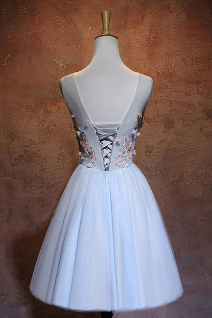 Blue Flowers A-Line Short Tulle Wedding Party Dress, Blue Homecoming Dress   cg13898