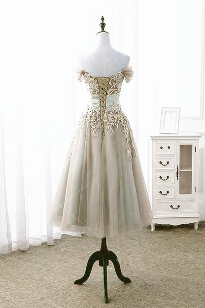 Light Champagne Vintage Style Tea Length Off Shoulder Party Dress, Bridesmaid Dress Homecoming Dress   cg13899
