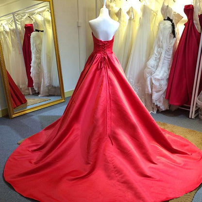 Red Satin Scoop Long Simple Wedding Party Dress, Red Satin Formal prom Gown    cg13901