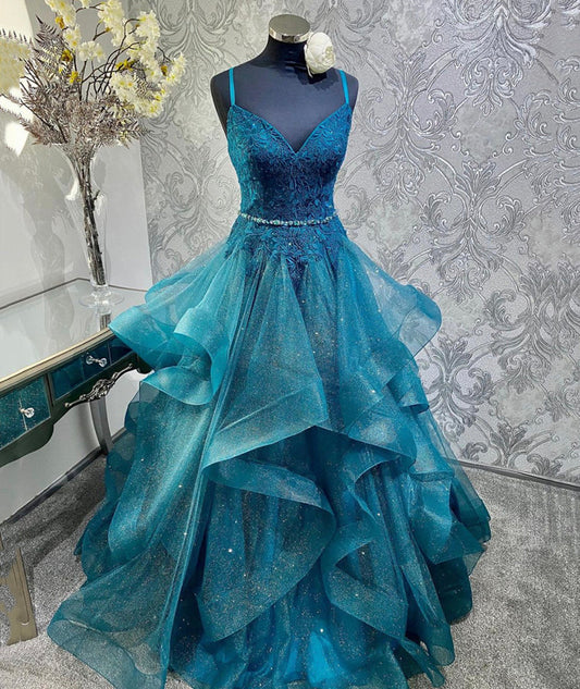 BLUE TULLE LACE LONG PROM GOWN FORMAL DRESS   cg13934