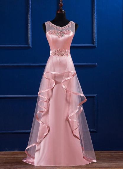 Pink Satin And Tulle Layers Long Party Dress With Lace Applique, Pink Formal prom Dress    cg13961