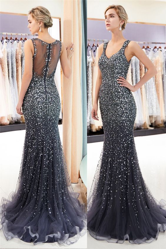 Mermaid Beading Sheer Back Gold Evening Dress With Rhinestones Prom Dress     cg13971