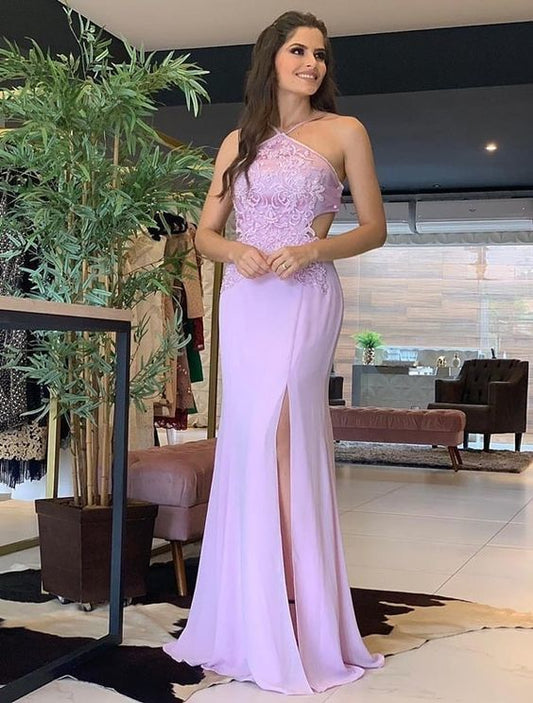 Purple A Line Floor Length Sleeveless Side Slit Prom Dress   cg13980