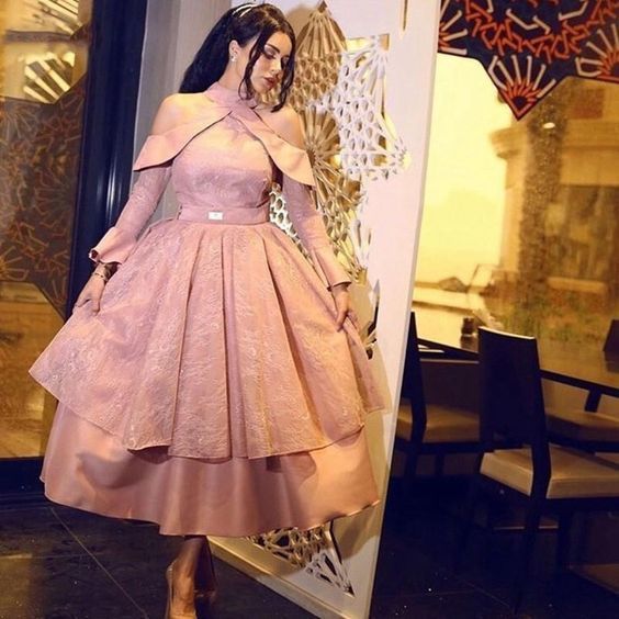 pink prom dresses halter neckline long sleeve pink evening dresses ankle length evening gowns   cg14036