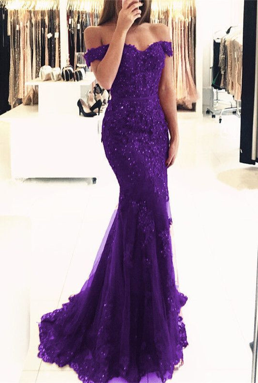 Purple lace mermaid evening dress off the shouler prom gowns with pearl beaded   cg14038