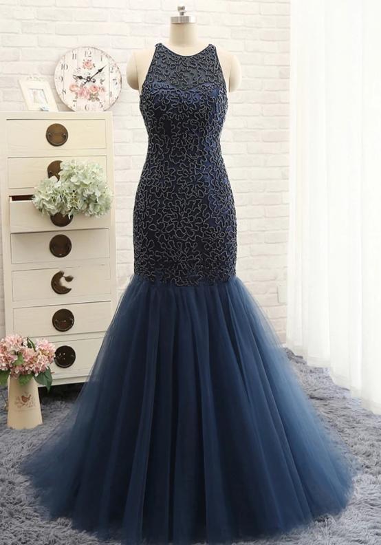 Navy Prom Dress,Mermaid Prom Gown,O-Neck Evening Dress,Beading Prom Gown   cg14084