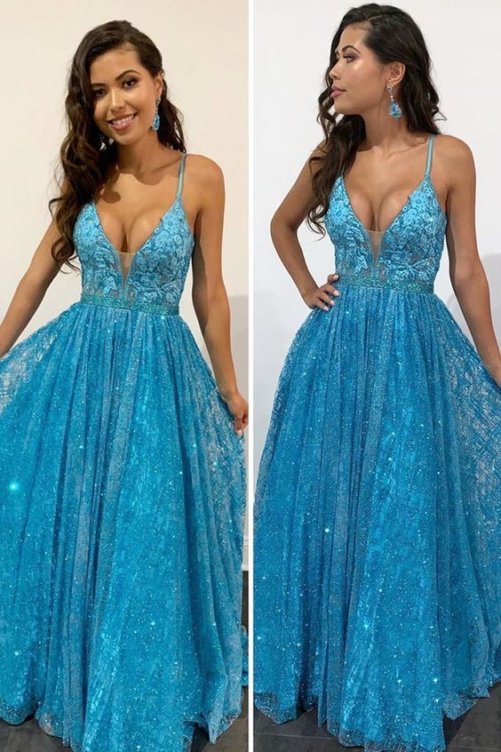 Gorgeous Straps Blue Long Prom Dress   cg14087