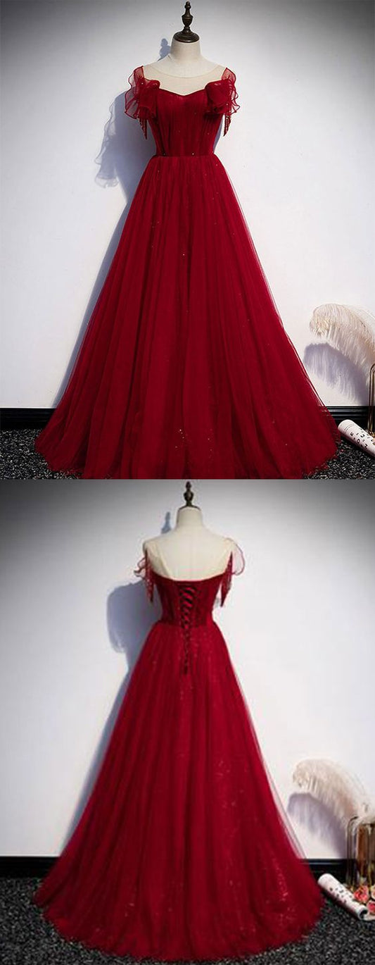 burgundy tulle round neck long prom dress burgundy evening dress   cg14142