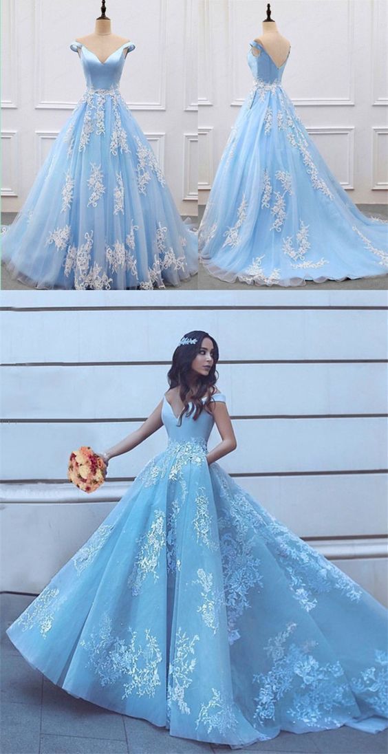Custom drsses PROM dress is beautiful, elegant v-neck, shoulder-length gown light blue PROM dress PROM dress   cg14149