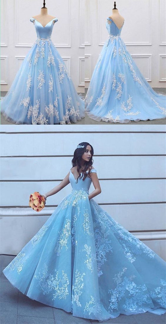 Custom drsses PROM dress is beautiful, elegant v-neck, shoulder-length gown light blue PROM dress PROM dress   cg14149