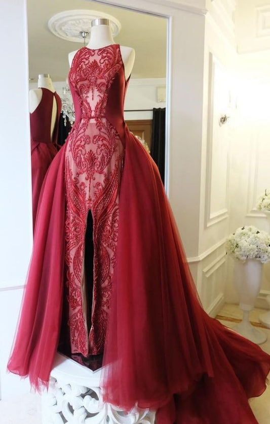 Burgundy Lace Formal Occasion prom Dress With Detachable Skirt    cg14225