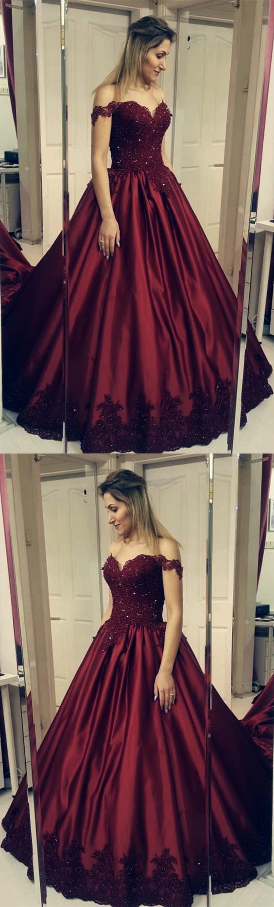 Off the Shoulder Burgundy Appliques Sweet 16 Prom Dresses   cg14304