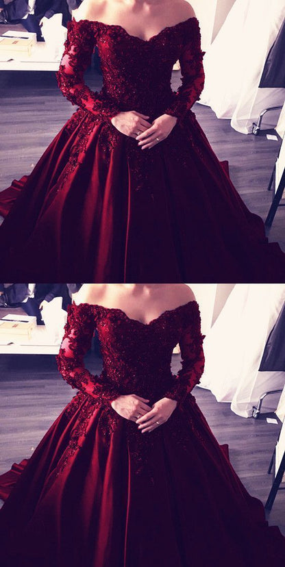 Navy Blue Lace Appliques Long Sleeves Ball Gowns Wedding Dresses Off Shoulder  cg1431