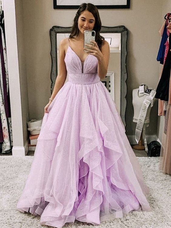 Shiny V Neck Purple Tulle Prom Dresses, Purple Long Formal Evening Dresses    cg14392