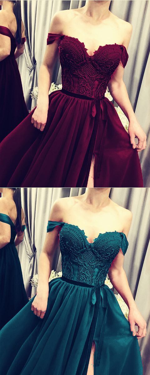 Elegant Lace Embroidery Tulle Split Formal Gown Off The Shoulder prom dress   cg14434