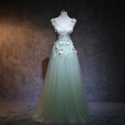 Beautiful Light Green V-Neckline Tulle Party Gown, A-Line Tulle Prom Dress   cg14524