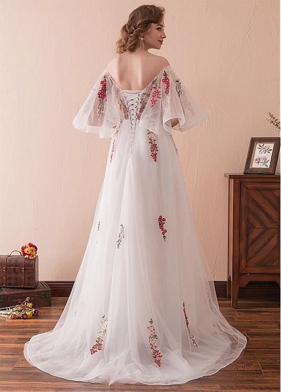 Off Shoulder Bell Sleeve Floral Long Prom Dress with Lace Up   cg14543