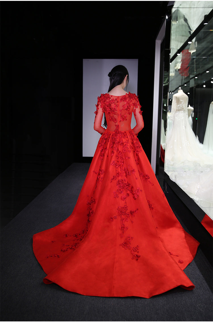 New Long Sleeve Ball Gowns Robe De Bal Longue Illusion Hand Made Tulle Back Tail Prom Dresses   cg14548