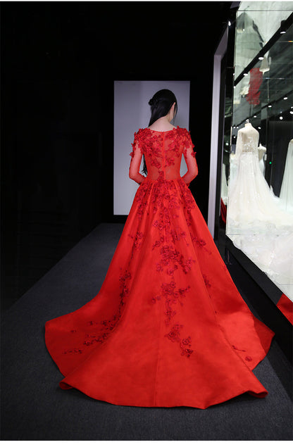 New Long Sleeve Ball Gowns Robe De Bal Longue Illusion Hand Made Tulle Back Tail Prom Dresses   cg14548