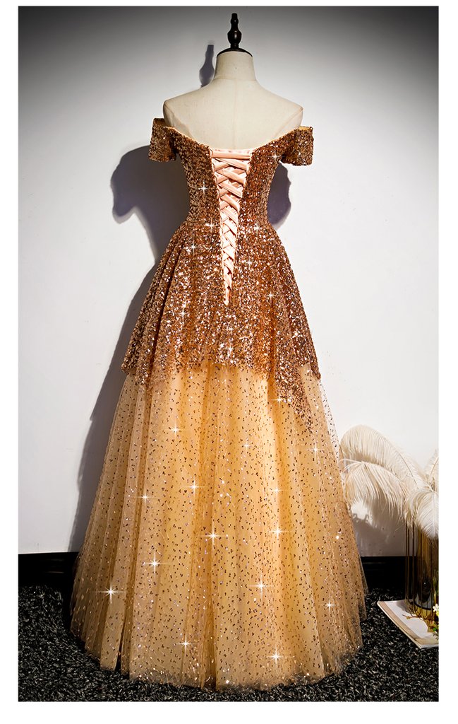 Gorgeous Gold Sequins Long Formal Gown, A-Line Golden Tulle Prom Dress   cg14564