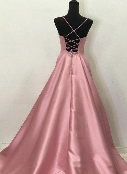 Pink v neck satin long prom dress pink evening dress   cg14637