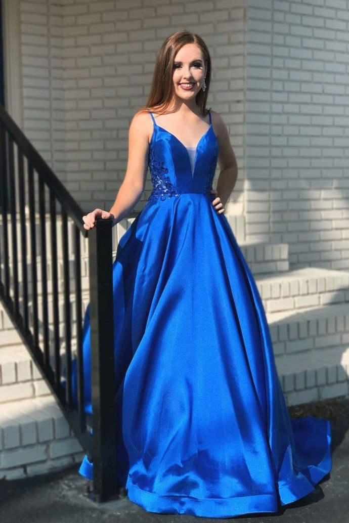 Blue v neck satin long prom dress blue evening dress   cg14711