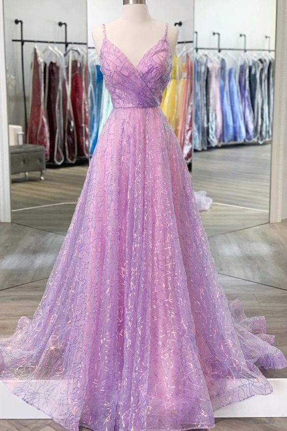 Shiny V Neck Backless Lilac Prom Dresses with Straps, Backless Lilac Formal Dresses    cg14726