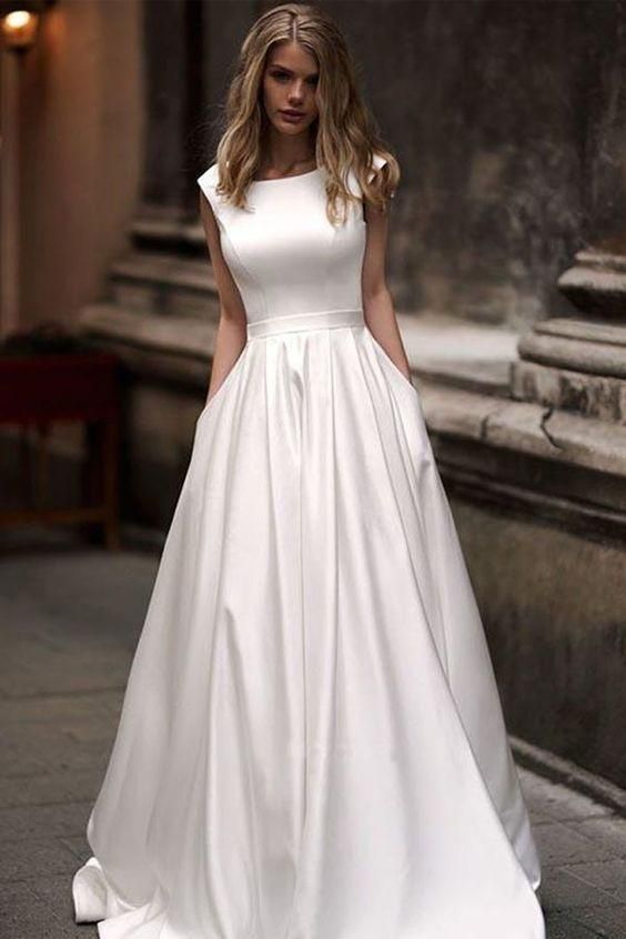 Long Vintage Bateau Neck Modest Satin Prom Dress    cg14782