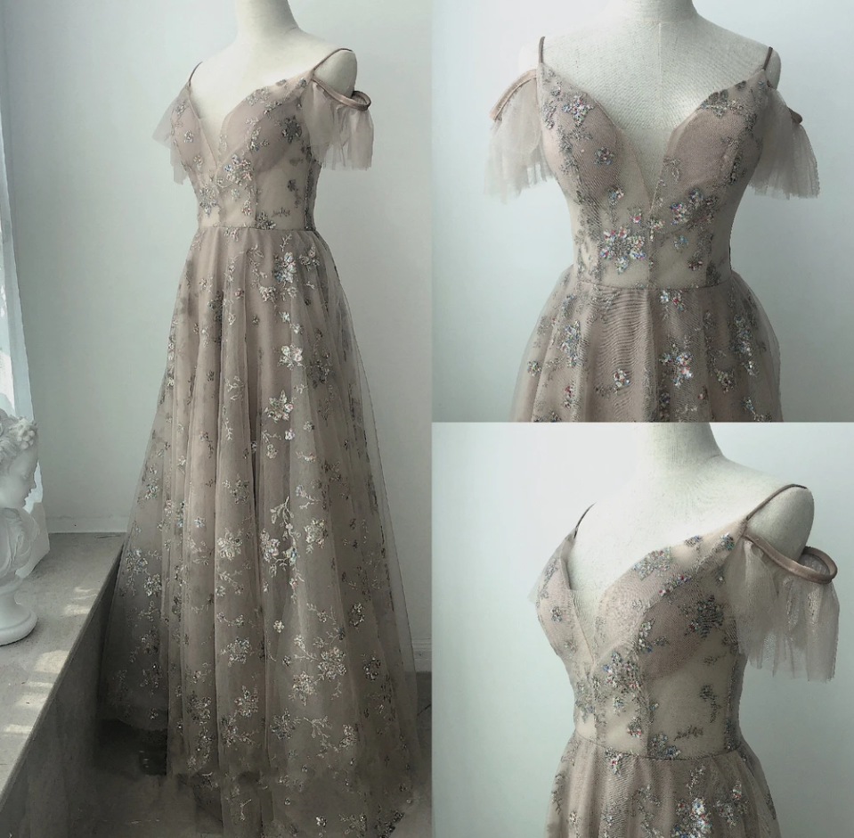 Beautiful Light Champagne Straps Long Party Dress, A-Line Floor Length Prom Dress   cg14868