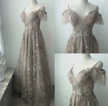 Beautiful Light Champagne Straps Long Party Dress, A-Line Floor Length Prom Dress   cg14868