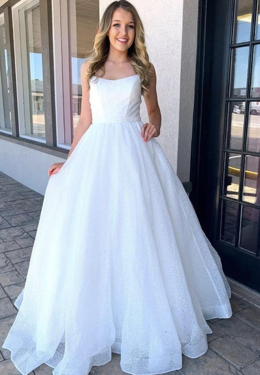 White tulle sequins long prom dress formal dress   cg14946