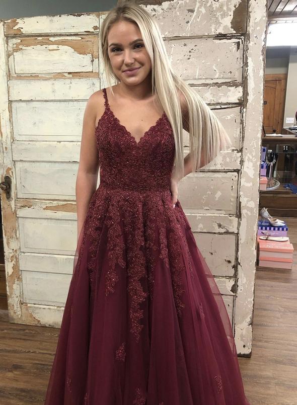 Burgundy v neck tulle lace long prom dress evening dress   cg14971