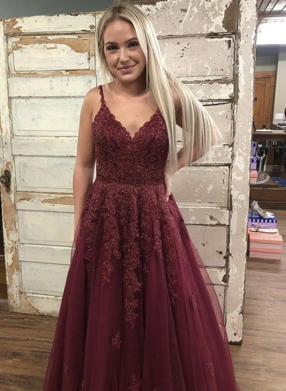 Burgundy v neck tulle lace long prom dress evening dress   cg14971