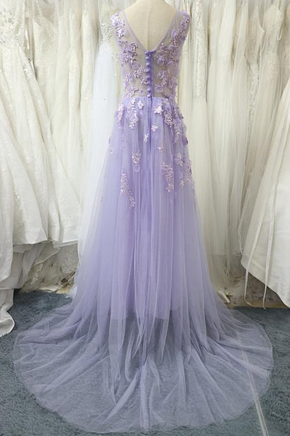 Charming Tulle Floral Light Purple Long Party Dress, A-Line Prom Dress 2021   cg14973