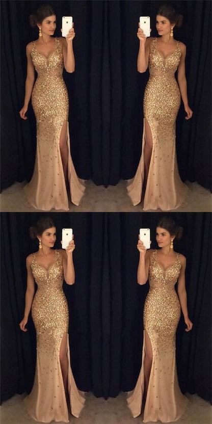 Most Popular Strap Rhinestone Long Mermaid Side Slit Gorgeous Sparkle Prom Dresses cg1499