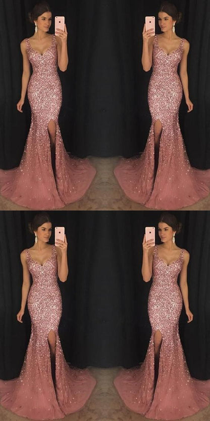 Most Popular Strap Rhinestone Long Mermaid Side Slit Gorgeous Sparkle Prom Dresses cg1499
