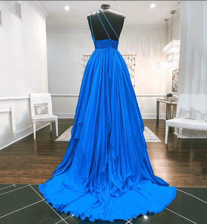 BLUE CHIFFON LONG PROM DRESS ONE SHOULDER EVENING DRESS   cg15010