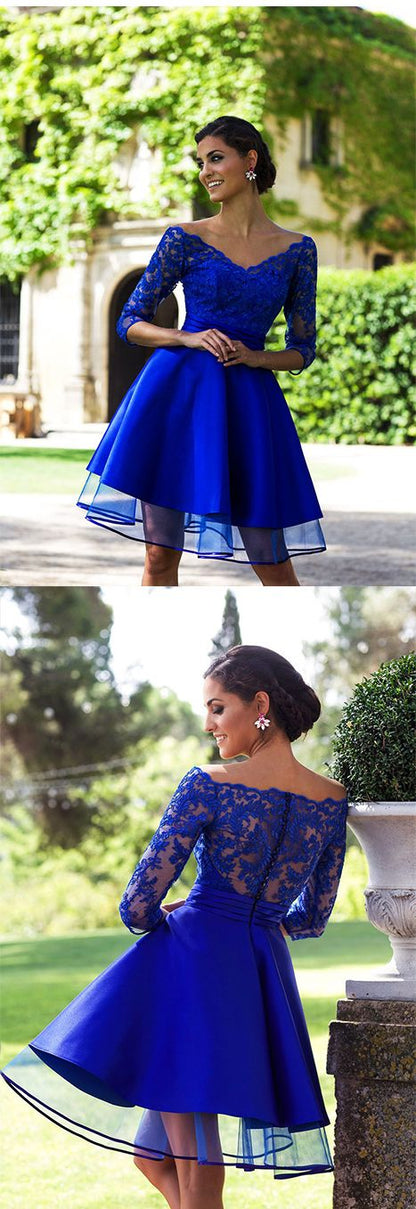2019 A Line Homecoming Dresses V Neck 3/4 Length Sleeves With Applique Tulle & Satin cg1502