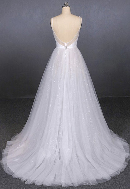 White tulle sequins long prom dress white evening dress   cg15032