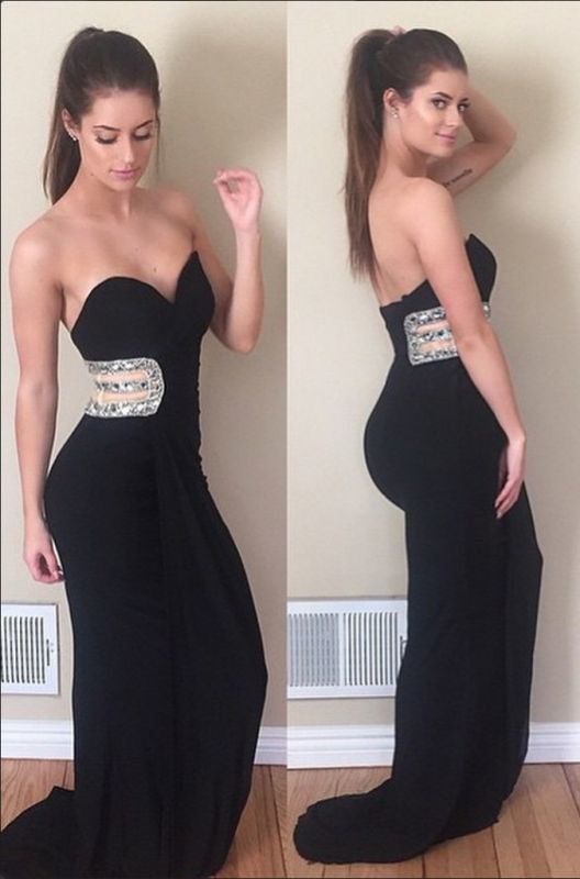Modest Mermaid Sleeveless Black Crystals Sweetheart Prom Dress   cg15059