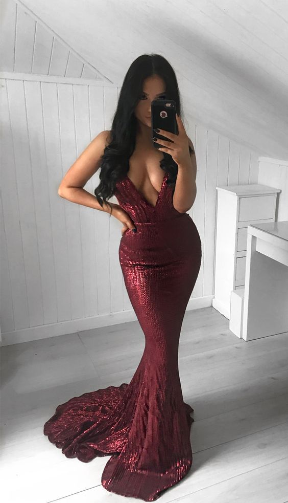 Mermaid Deep V-Neck Sweep Train Dark Red Sequined Prom Dress   cg15080