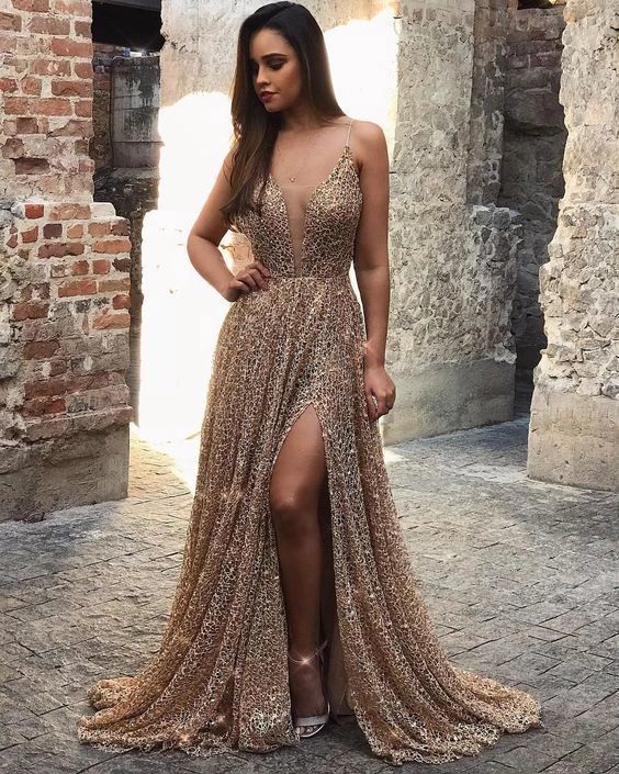 Deep V Neck Prom Dresses Sequin Side Slit Evening Dresses   cg15086