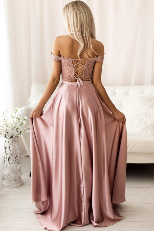 PINK LACE LONG PROM DRESS TWO PIECES EVENING DRESS   cg15253