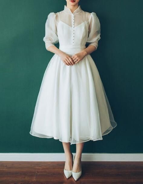 Vintage A-Line Bubble Sleeve Tea Length Wedding Dresses Prom Dressï¼_vening Dress   cg15271